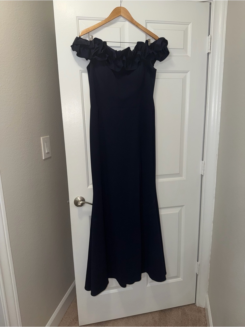 Xscape Navy One-Shoulder Ruffle Evening Gown